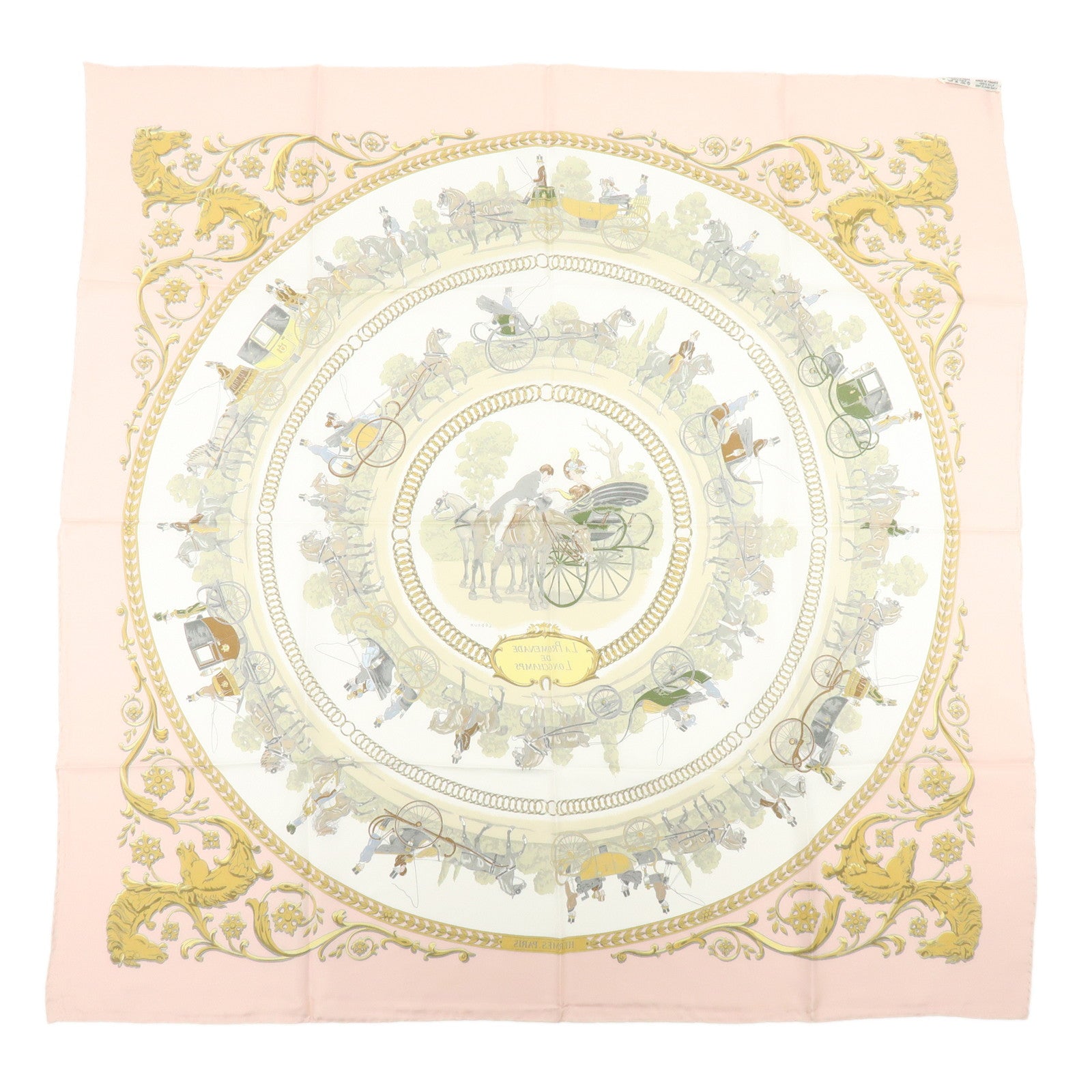 HERMES Carre 90 Silk 100% Scarf LA PROMENADE DE LONGCHAMPS Pink