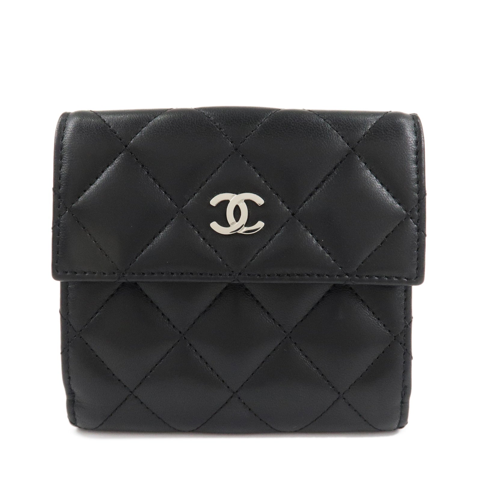 CHANEL Matelasse Lamb Skin Bi-fold Compact Wallet Black A48980