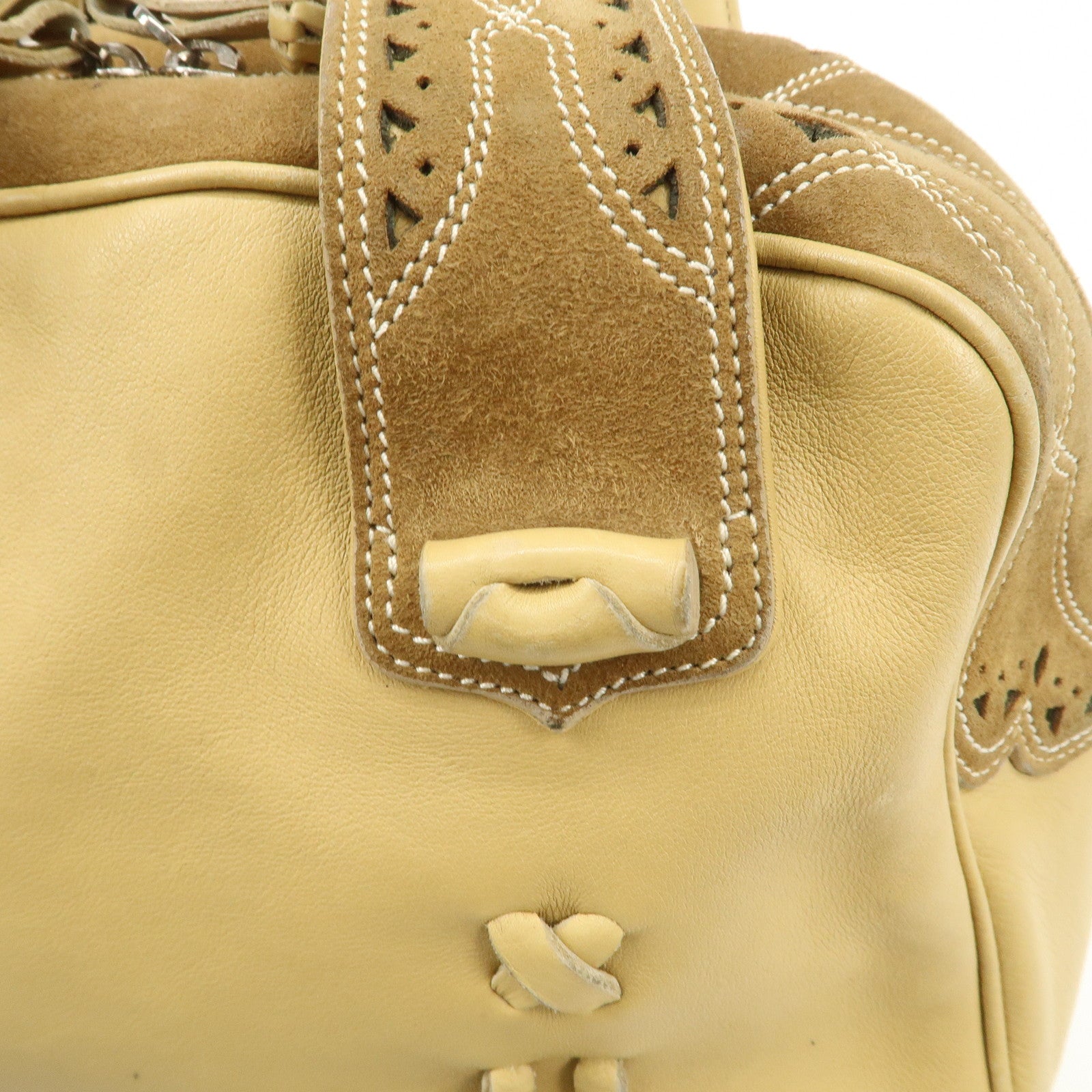 LOEWE Anagram Leather Suede Punching Boston Bag Beige Used