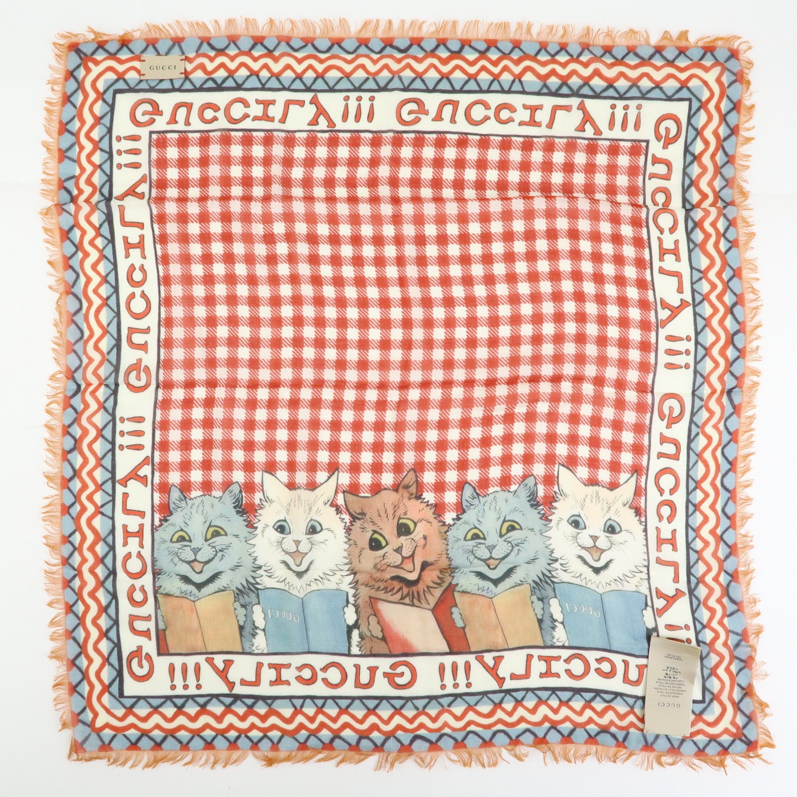 GUCCI Rayon Silk Scarf 5 Cats Print Gingham Red