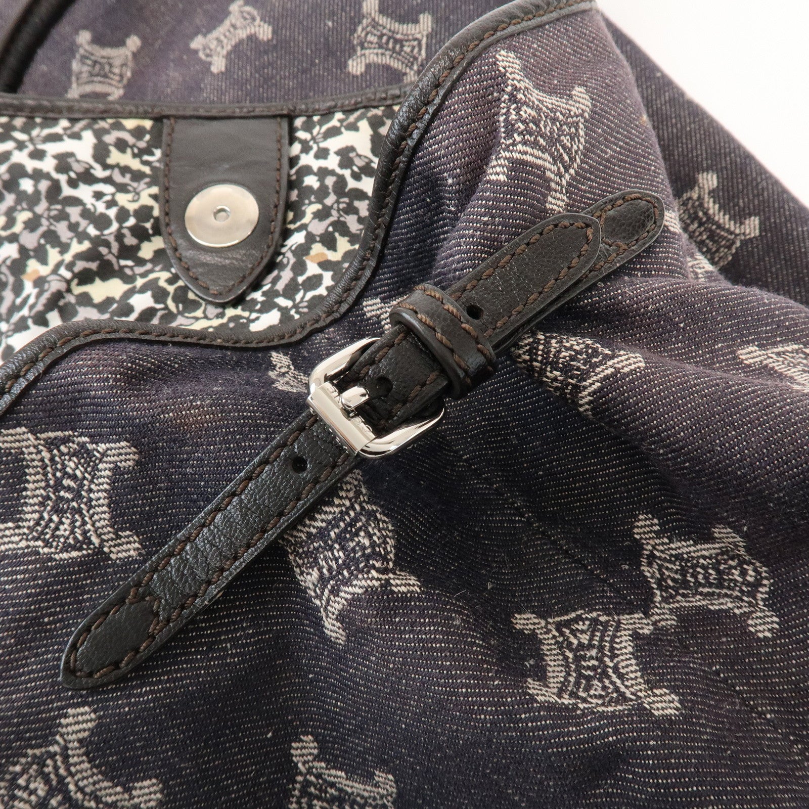 CELINE Macadam Logo Canvas Leather Shoulder Bag Hand Bag Navy