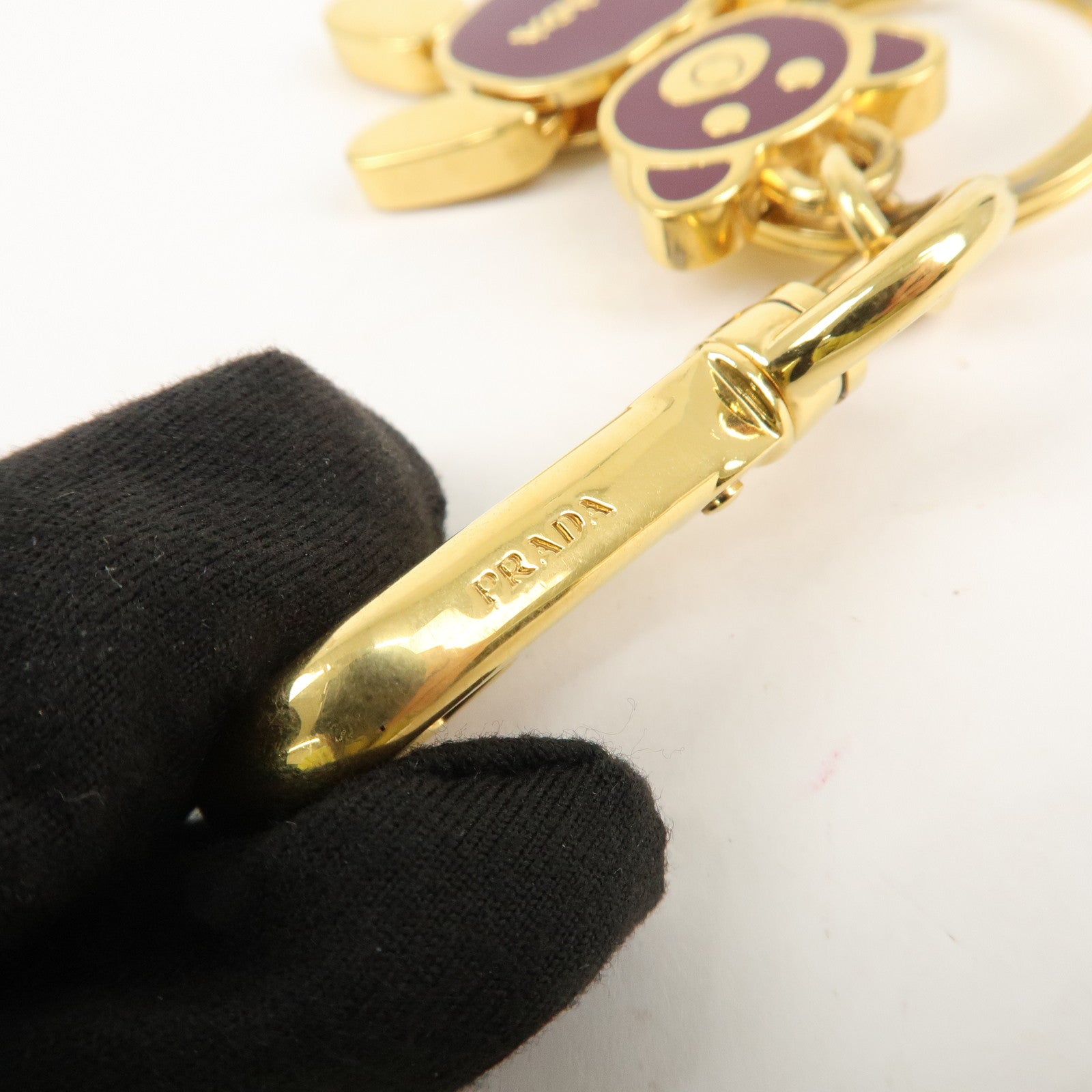 PRADA Bear Motif Bag Charm Key Chain Burgundy Gold Used