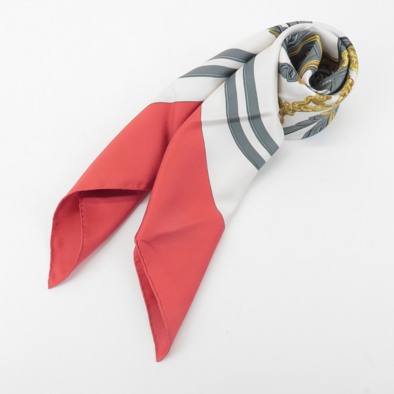 HERMES Carre 90 Silk 100% Scarf BRIDES DE GALA Gray Gold Red