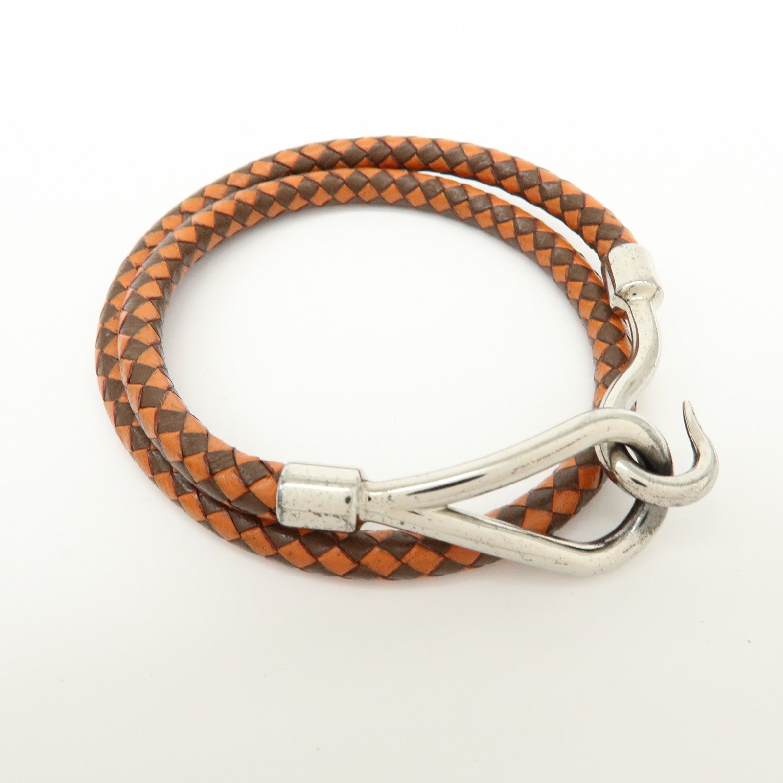 HERMES Jumbo Choker Double Tour Leather Metal Bracelet Orange Brown