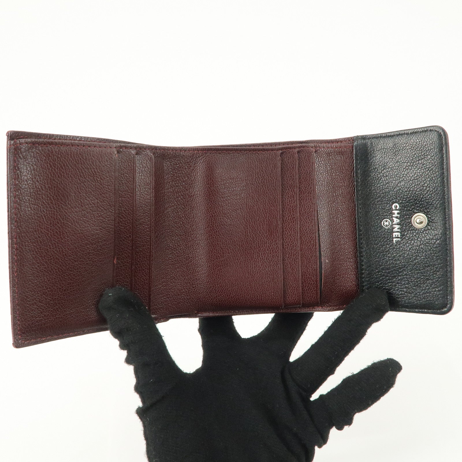 CHANEL Bicolore W Hook Leather Compact Wallet Black A33910 Used