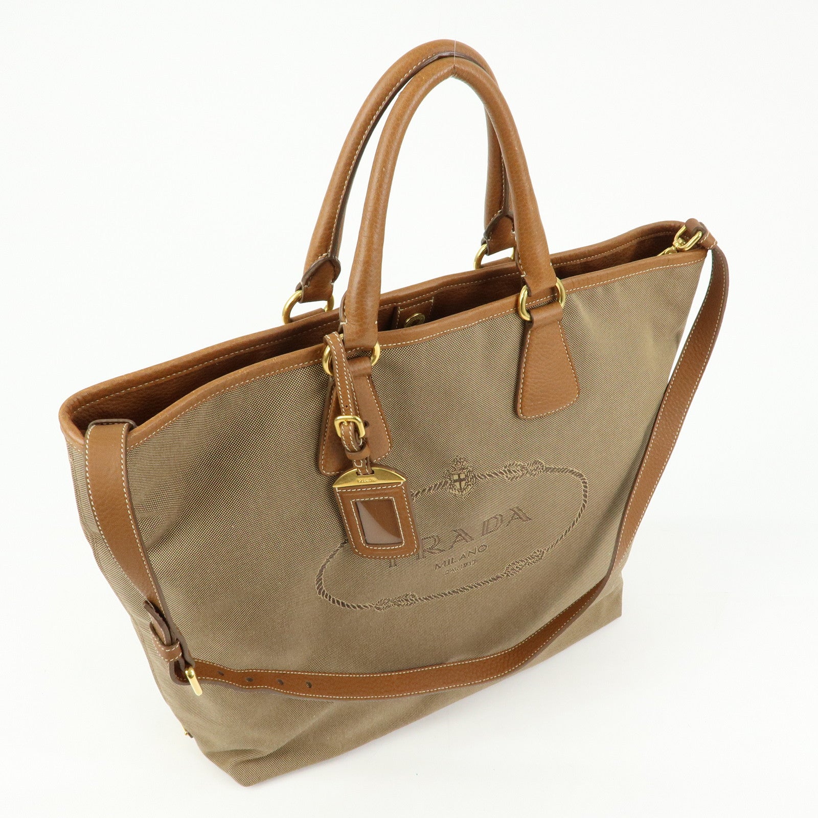 PRADA Triangle Logo Jacquard Leather 2Way Bag Hand Bag Brown