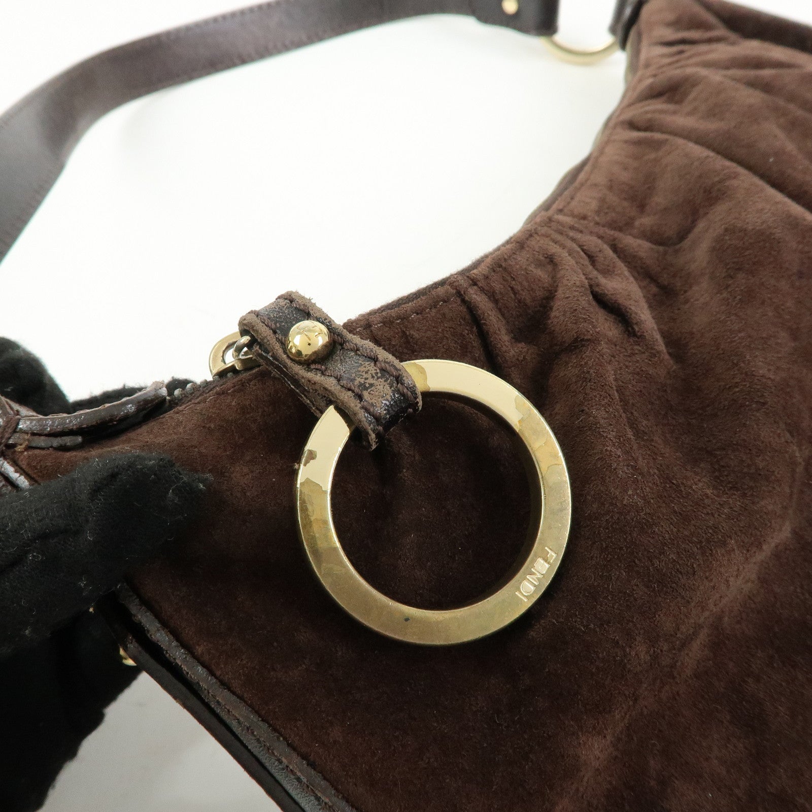 FENDI Suede Leather Shoulder Bag Hand Bag Brown 8BR343