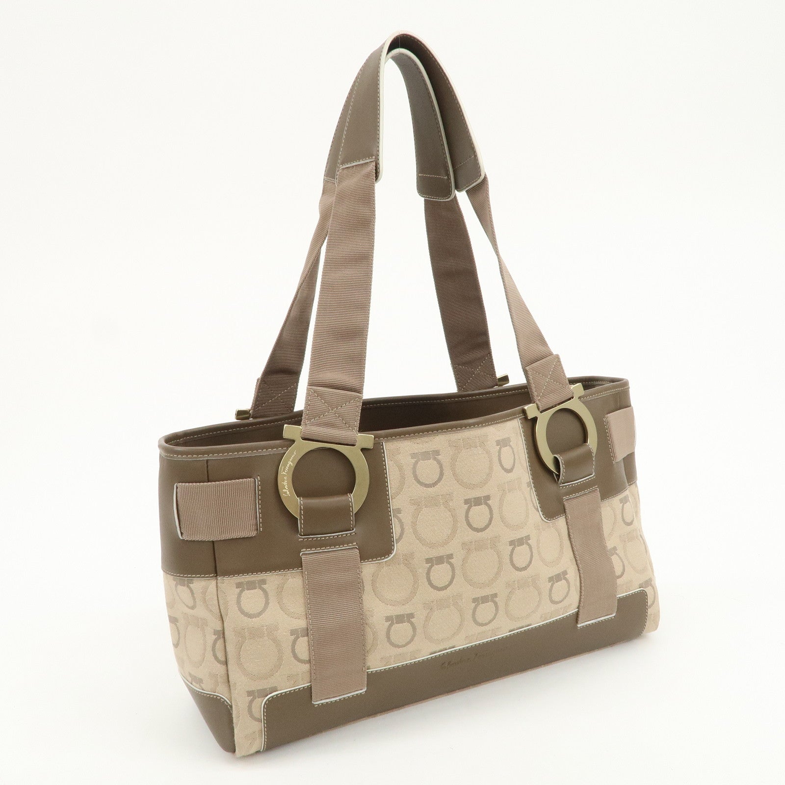 Ferragamo Gancini Canvas Leather Tote Bag Shoulder Bag Beige Brown