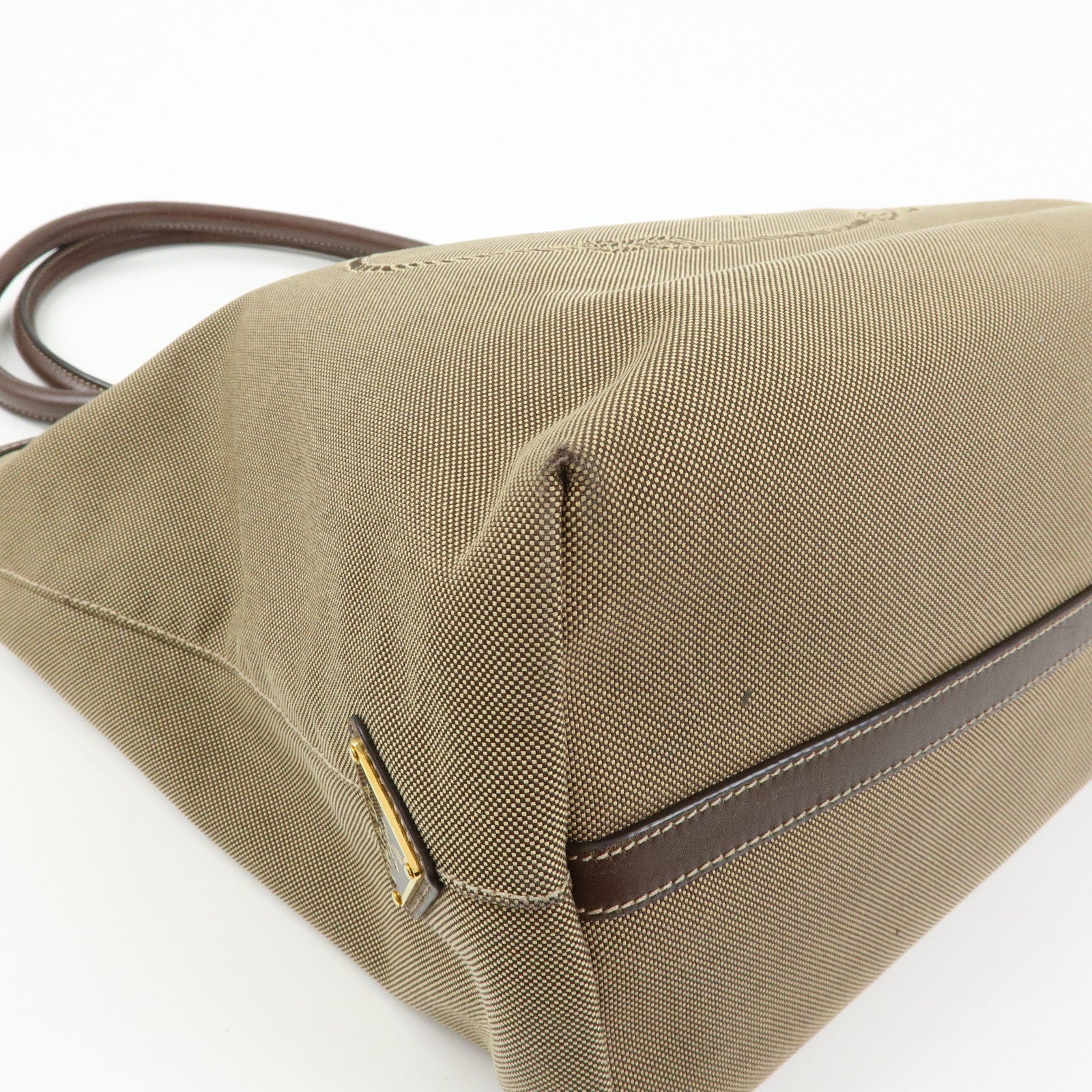 PRADA Triangle Logo Jacquard Leather Tote Shoulder Bag Beige Brown