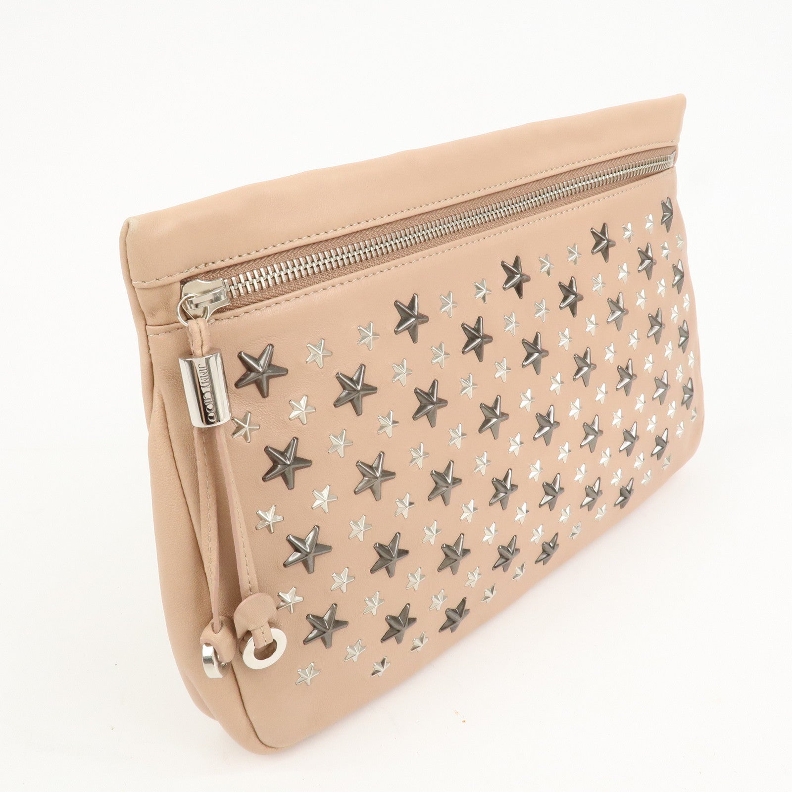 JIMMY CHOO Studs Leather Clutch Bag Hand Bag Pink Beige