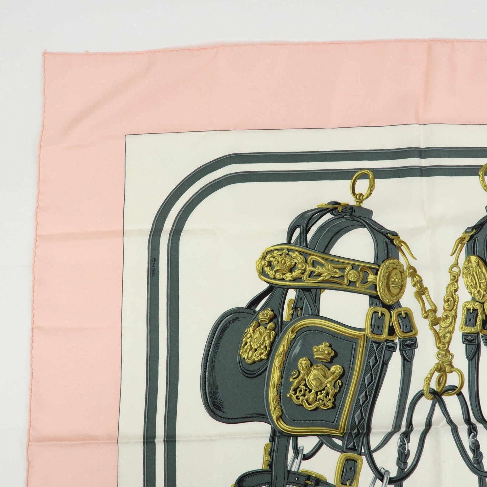 HERMES Carre 90 Silk 100% BRIDES DE GALA Scarf Light Pink White