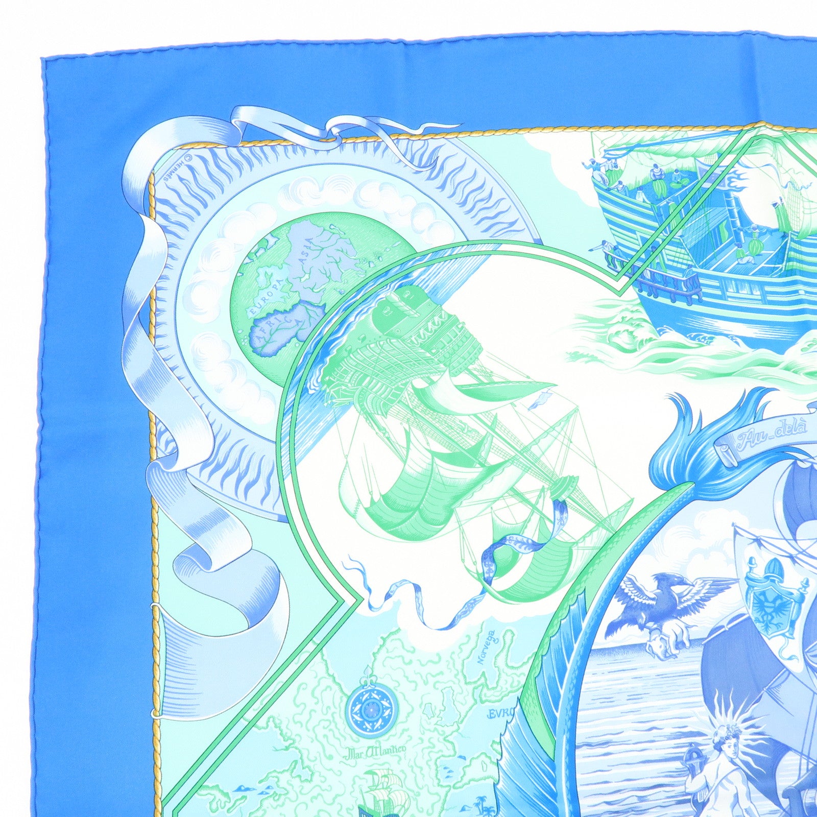 HERMES Carre 90 Silk 100% Scarf Au-dela des cinq mers Blue Green