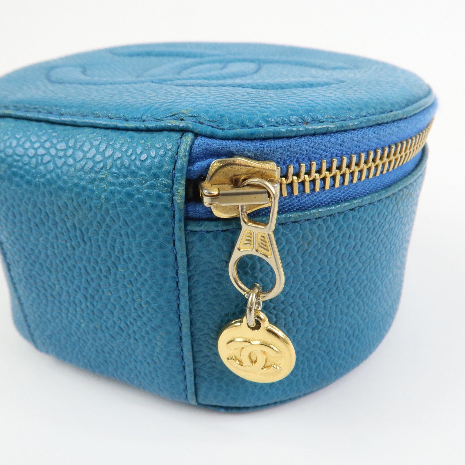 CHANEL COCO Mark Caviarskin Round Cosmetic Pouch Blue Gold