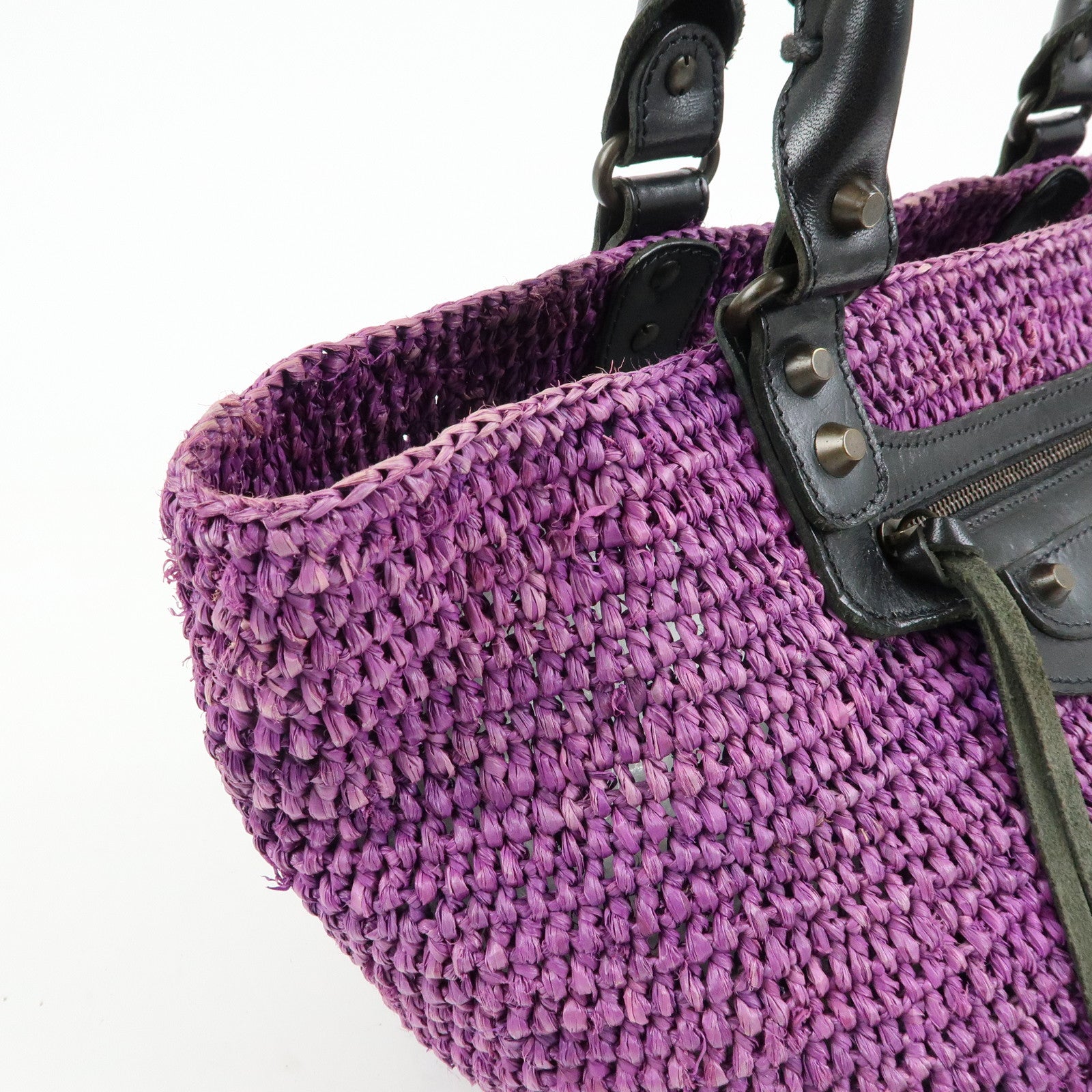 BALENCIAGA Leather Raffia Small Hand Bag Purple Black 236741