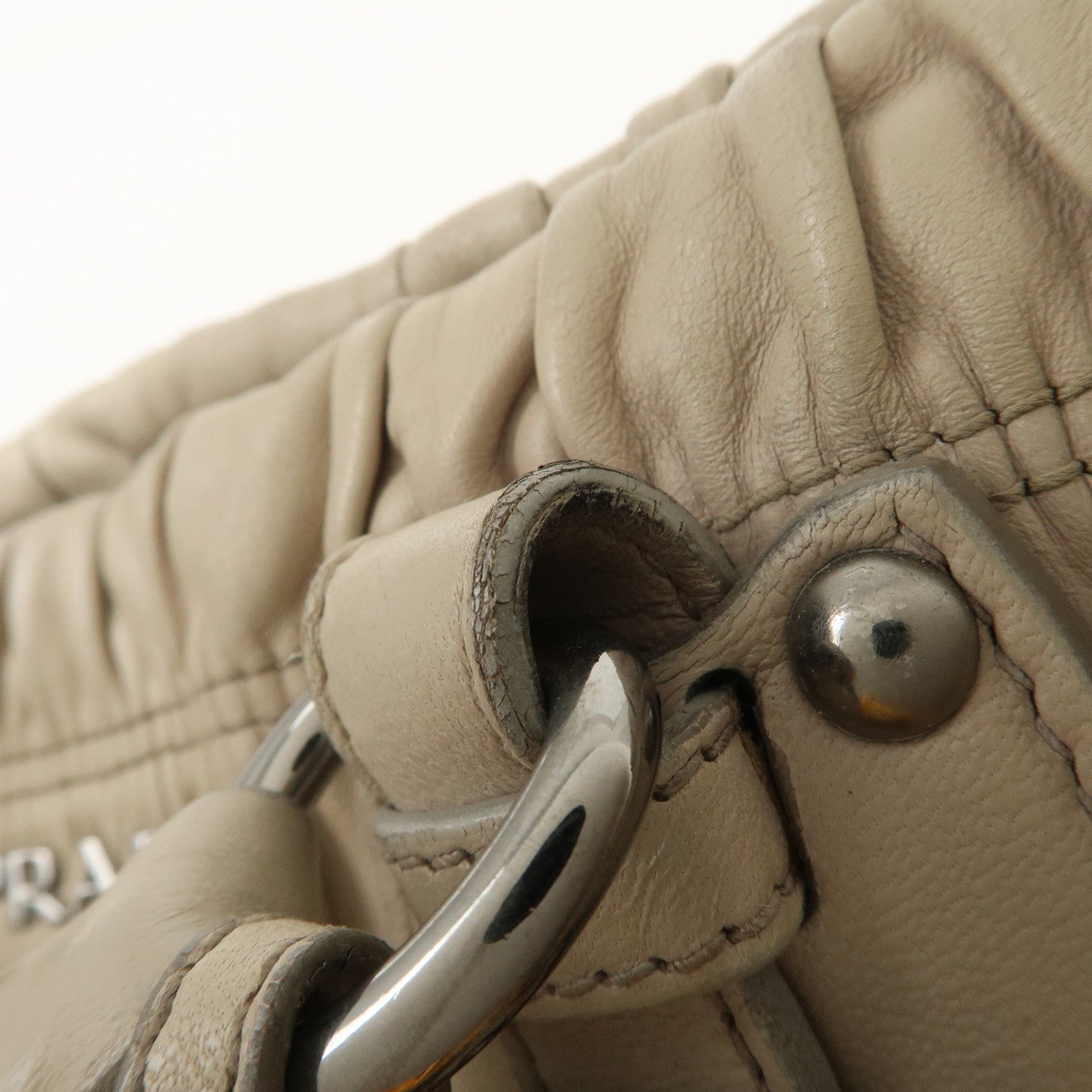 PRADA Logo Leather Gathered 2Way Hand Bag Beige BN1336