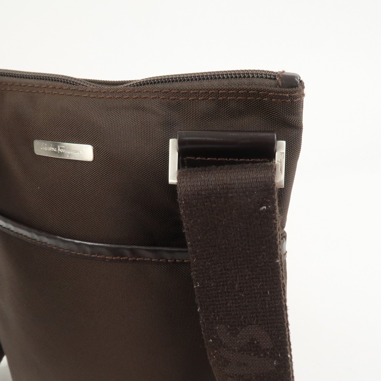 Ferragamo Nylon Leather Shoulder Bag Crossbody Bag Brown Silvern