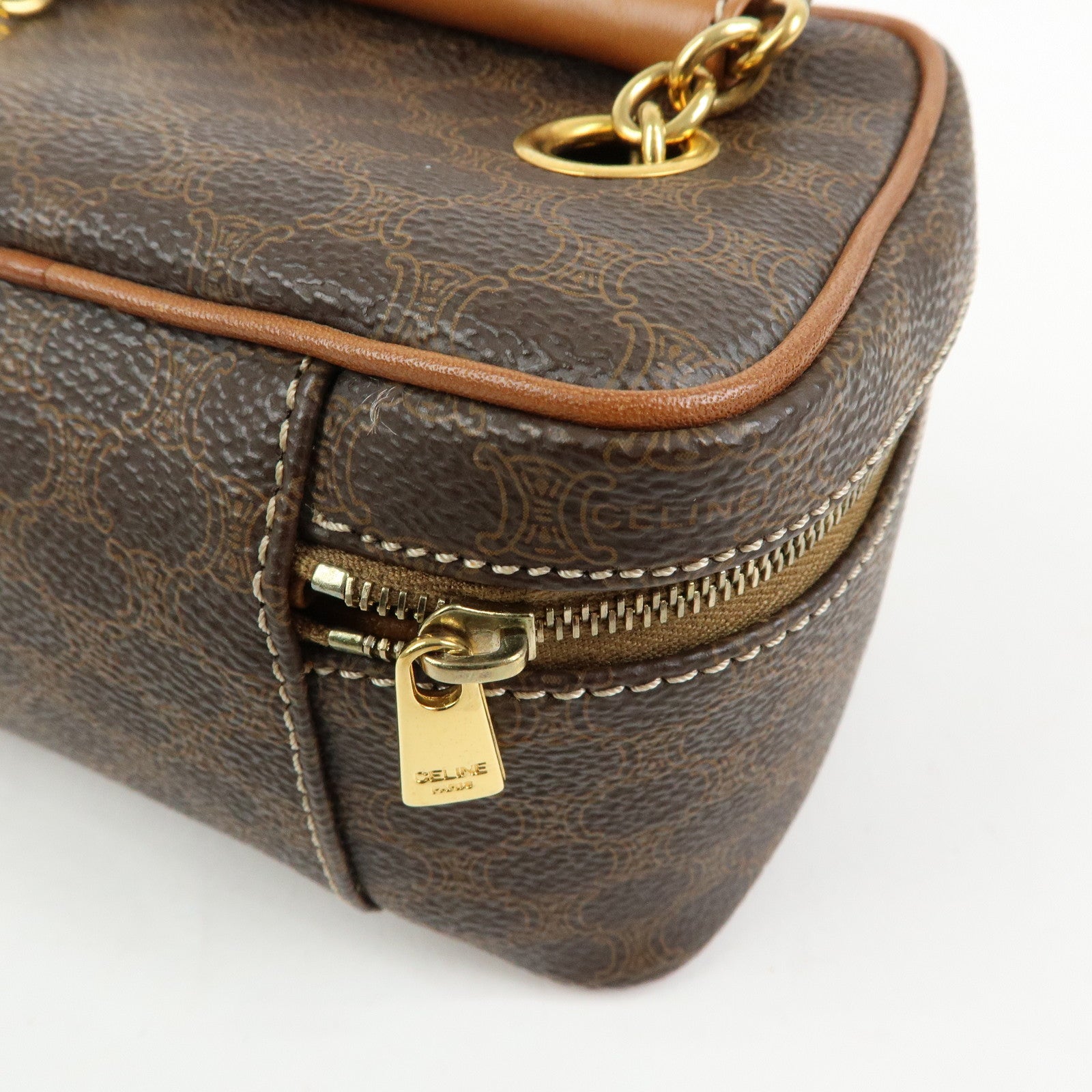 CELINE Macadam PVC Leather Chain Mini Hand Bag Vanity Bag Brown
