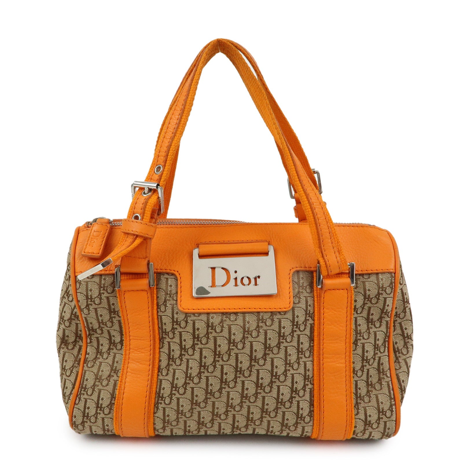 Christian Dior Trotter Canvas Leather Boston Hand Bag Beige Orange
