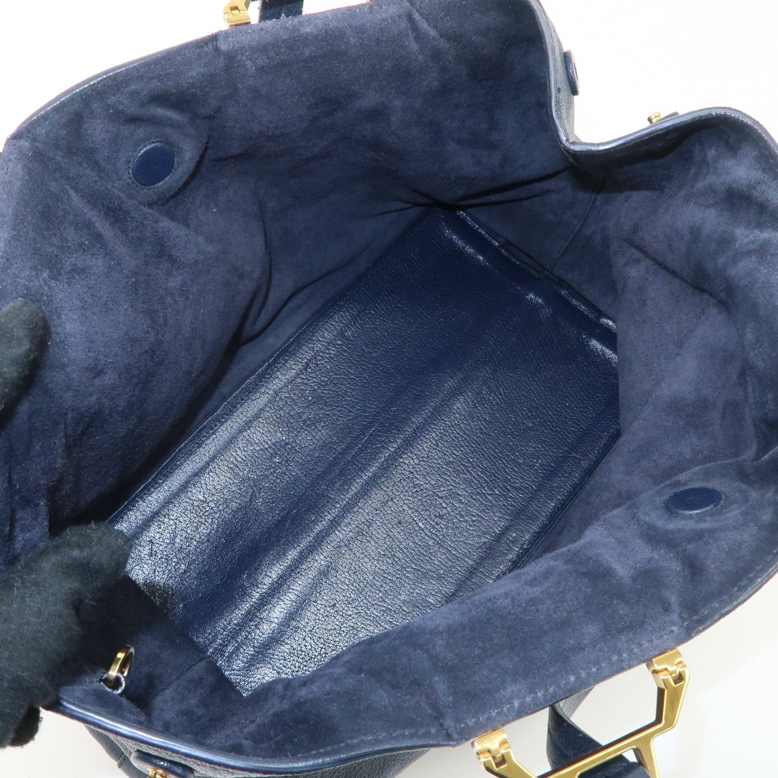 MIUMIU Logo Madras Leather Hand Bag Tote Bag Navy Gold Hardware Used