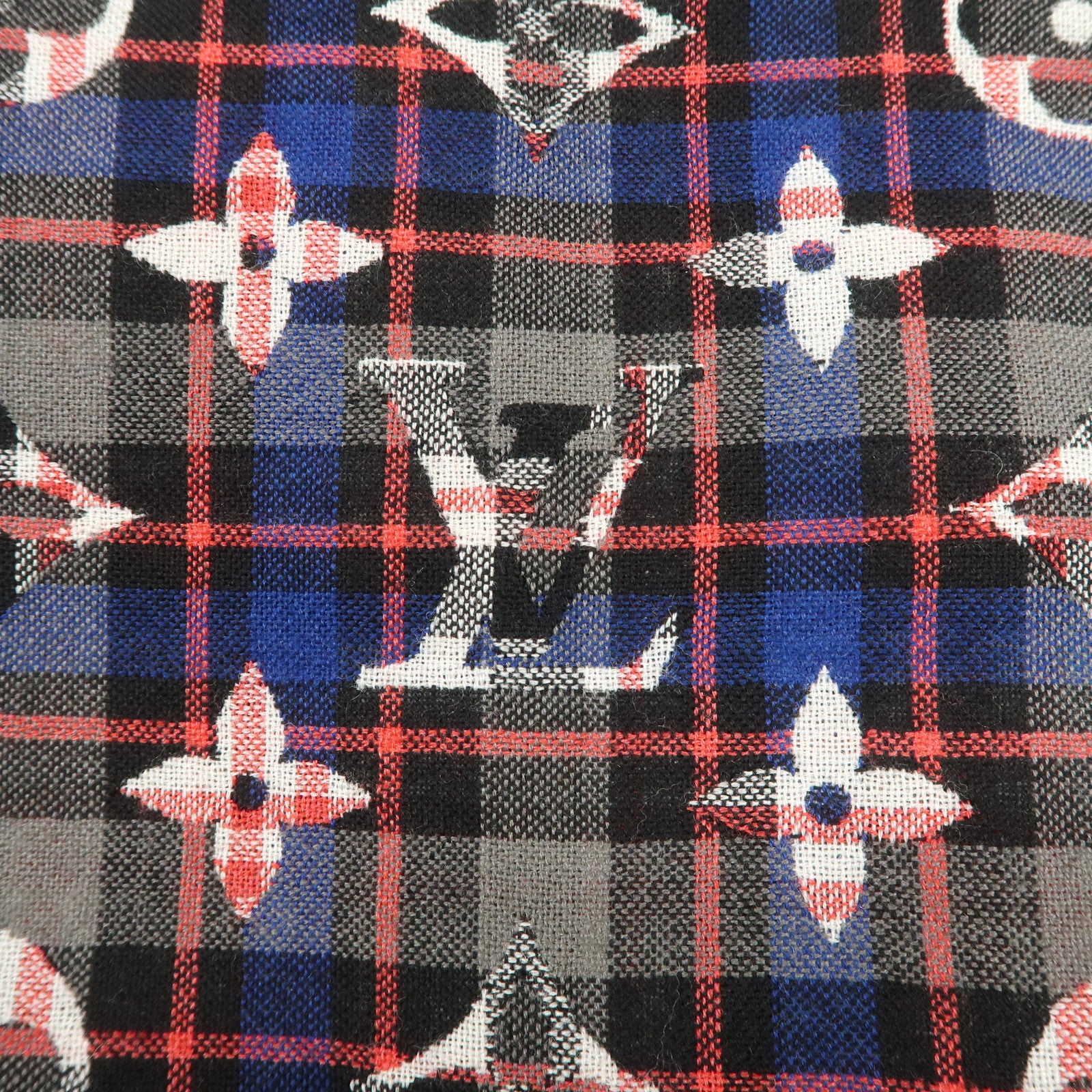 Louis Vuitton Etole Monogram Wool Silk Scarf Plaid Black Red M70333