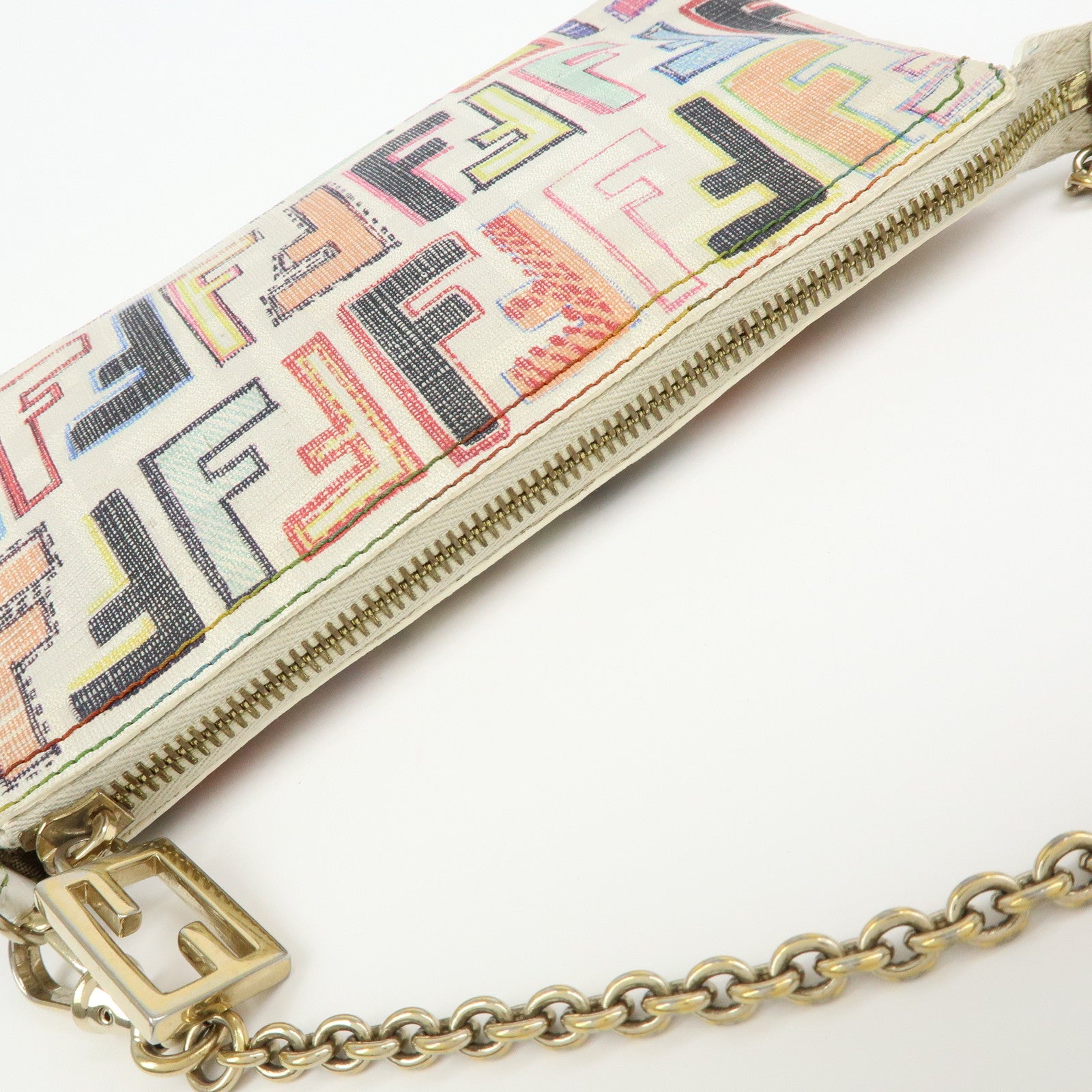 FENDI Zucca Print PVC Chain Accessory Pouch White Multicolor 8BR592