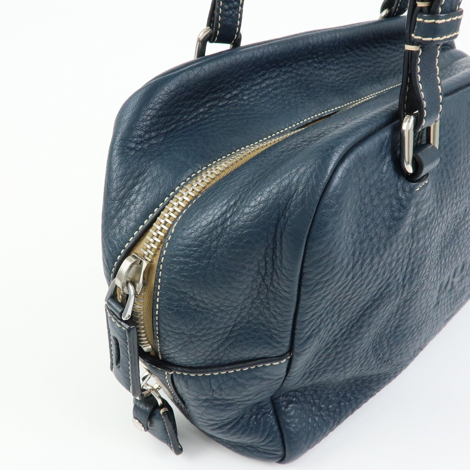 PRADA Calf Leather Boston Bag Shoulder Bag Hand Bag Navy BR3091