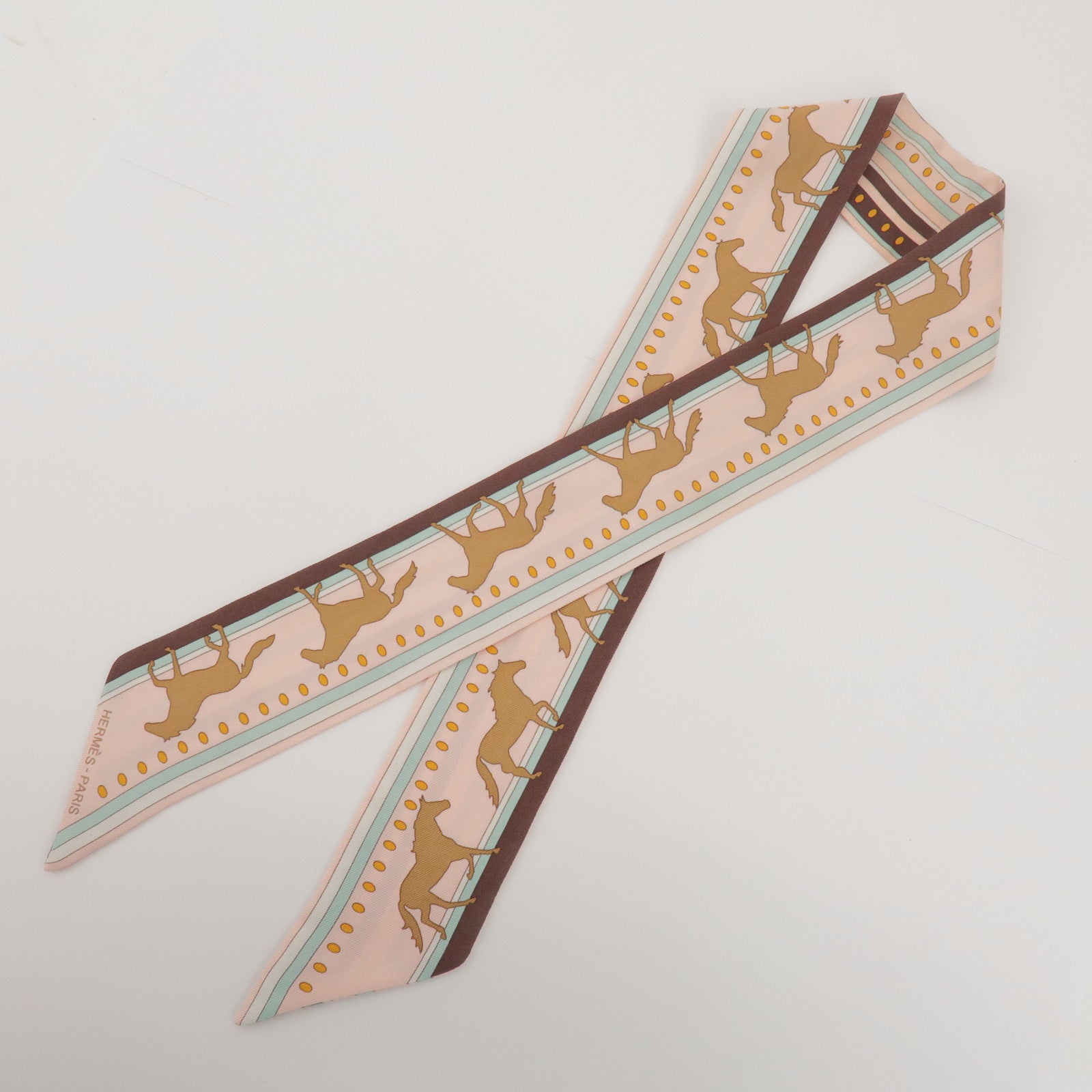 HERMES Twilly 100% Silk Scarf Sequence Pink Brown