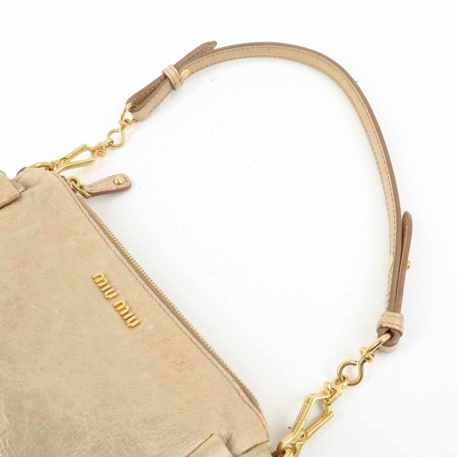 MIU MIU Leather Double Sided Ribbons Hand Bag Shoulder Bag Beige