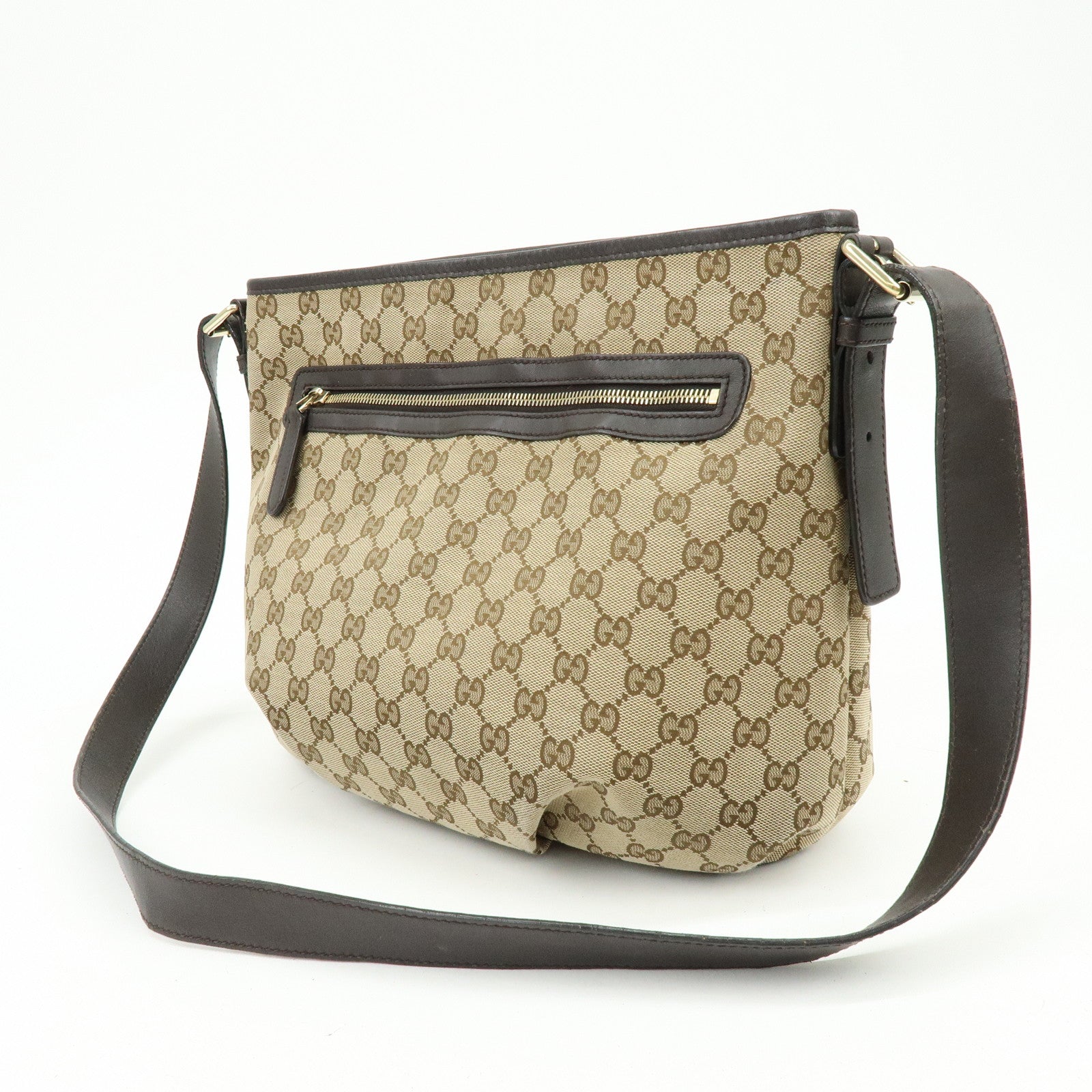 GUCCI GG Canvas Leather Shoulder Bag Beige Dark Brown 388930