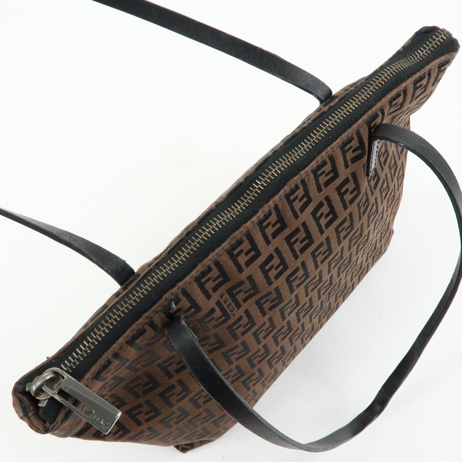 FENDI Zucchino Canvas Leather Tote Shoulder Bag Brown Black 8BH023