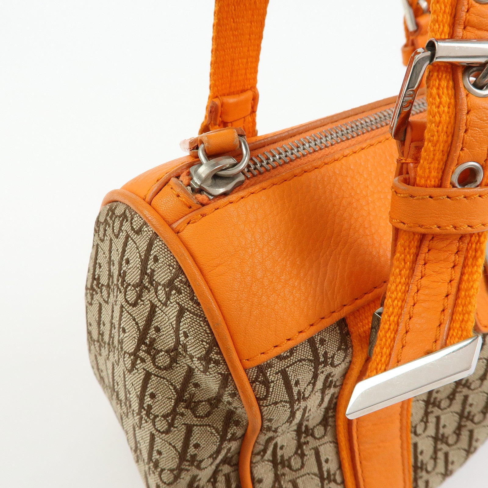 Christian Dior Trotter Canvas Leather Boston Hand Bag Beige Orange