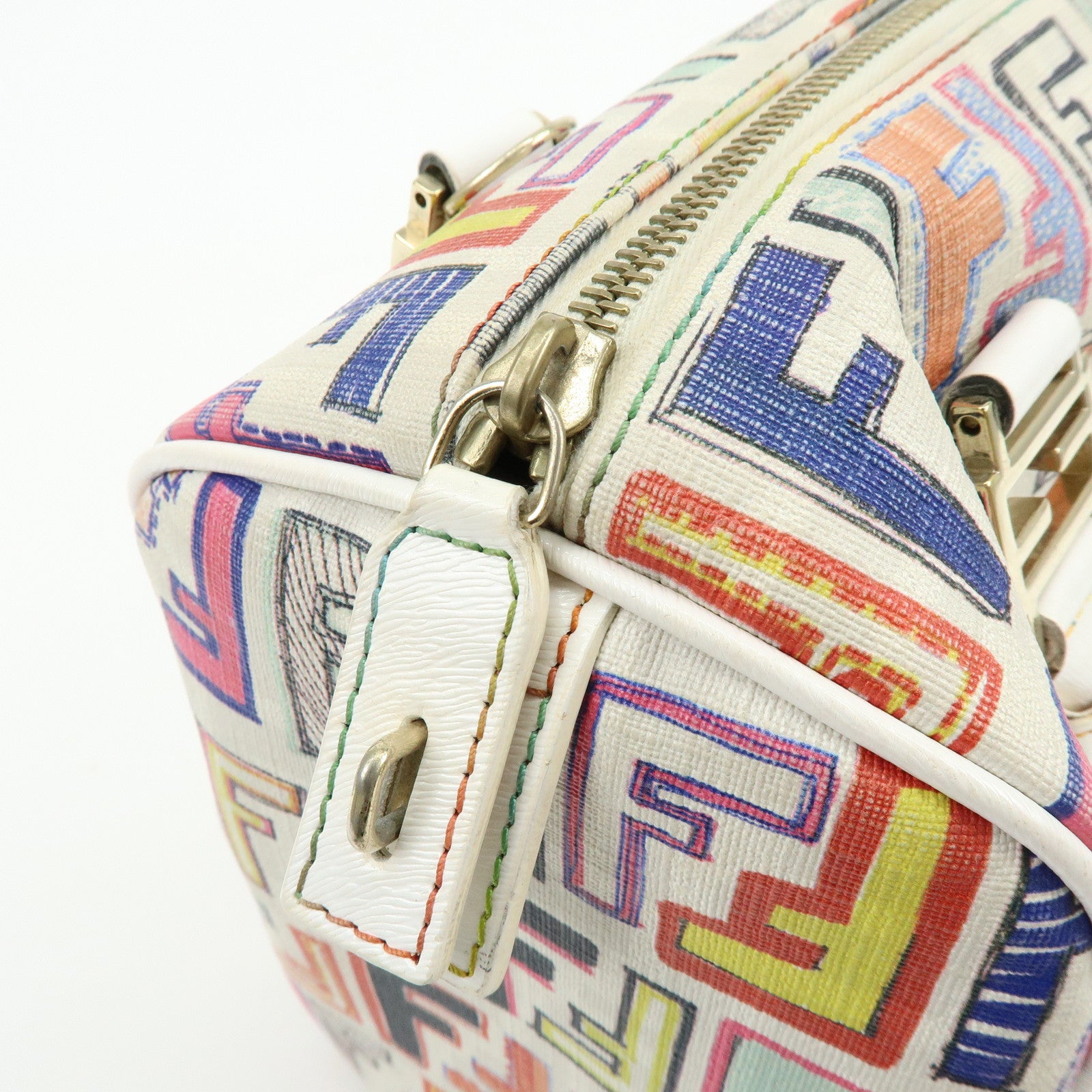 FENDI Zucca PVC Canvas Leather Boston Bag White Multicolor 8BL068