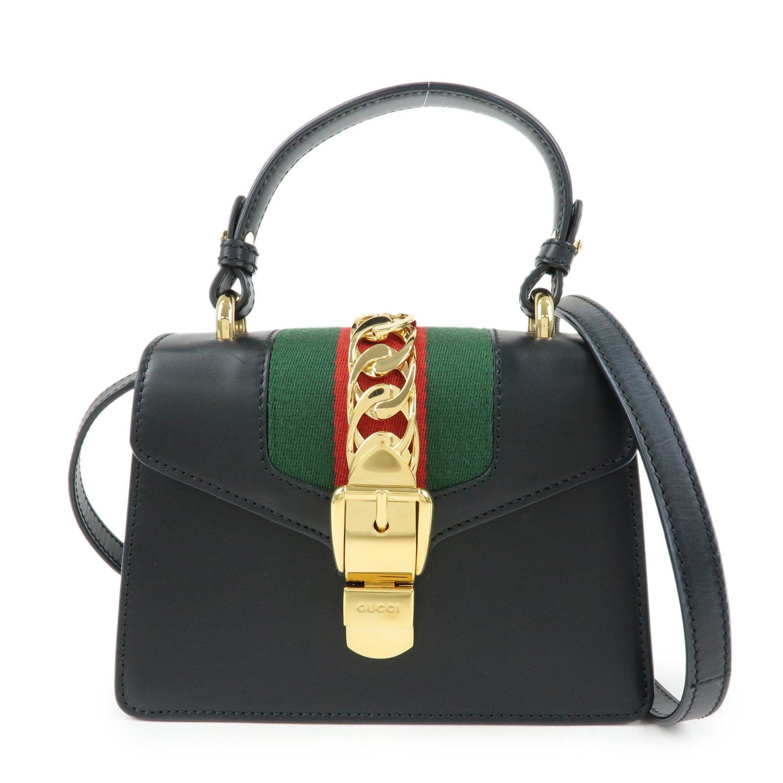 GUCCI Sylvie Sherry Leather 2Way Hand Bag Shoulder Bag Black 470270
