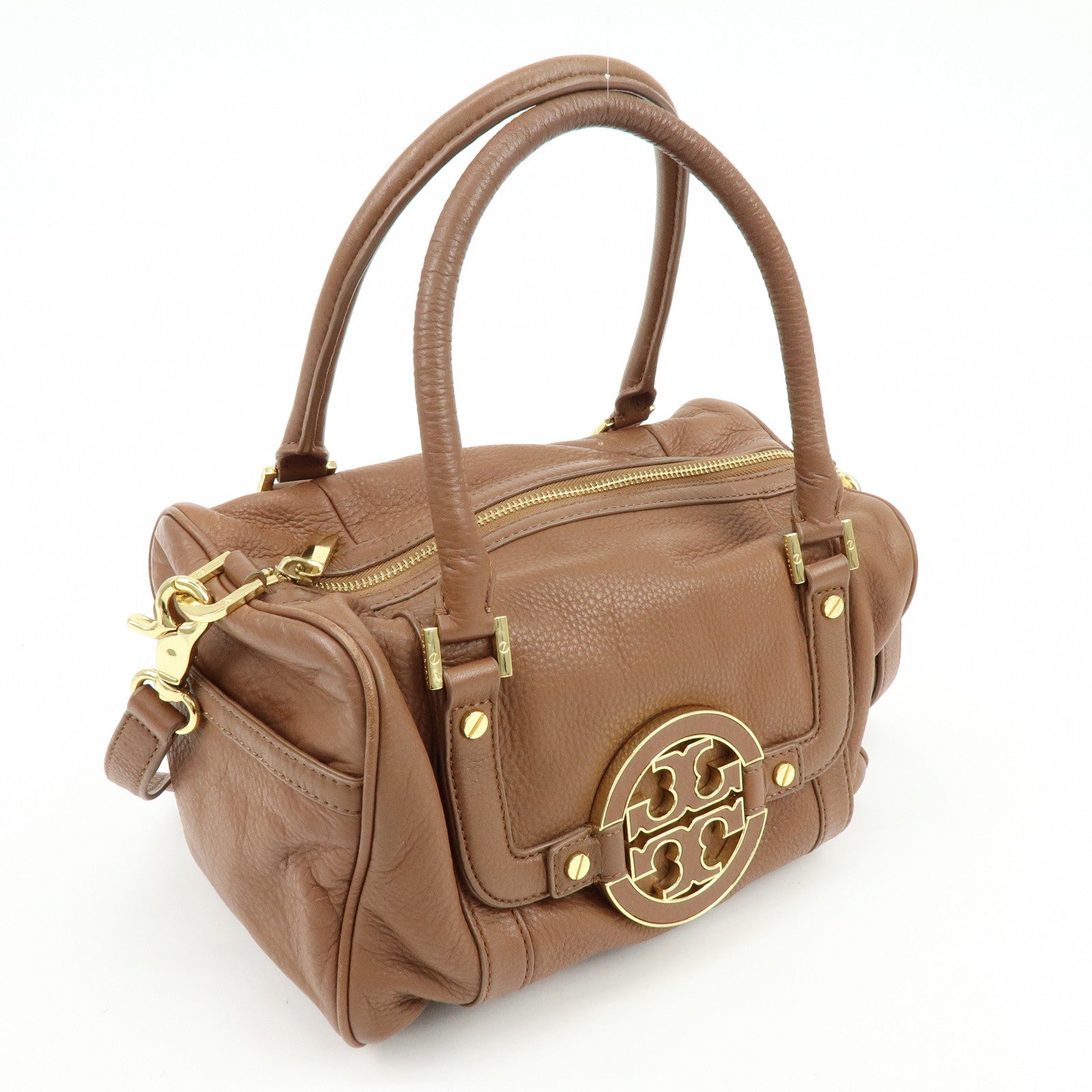 TORY BURCH Double T Leather 2Way Bag Hand Bag Mini Boston Bag Brown