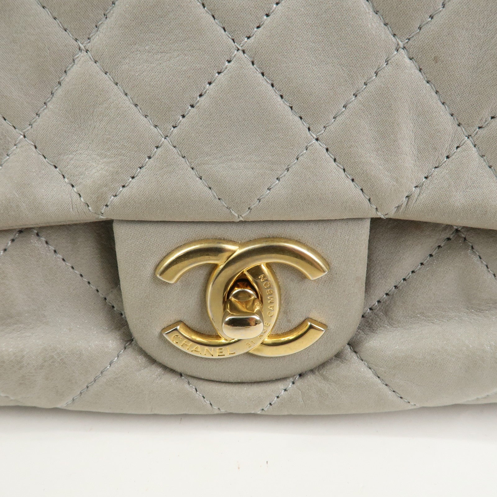 CHANEL Matelasse COCO Mark Shiny Lamb Skin Chain Shoulder Bag Gray