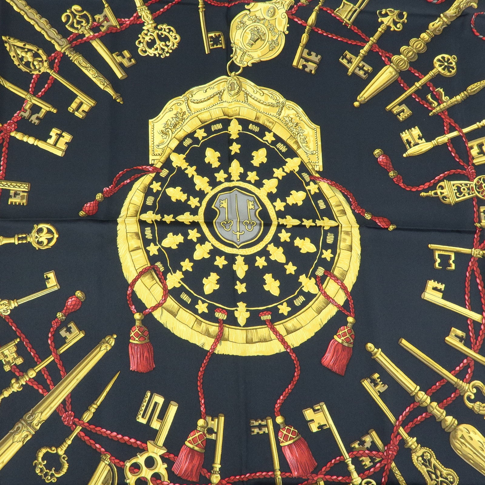 HERMES Carre 90 Silk 100% Scarf LES CLES THE KEYS RARE Black Gold