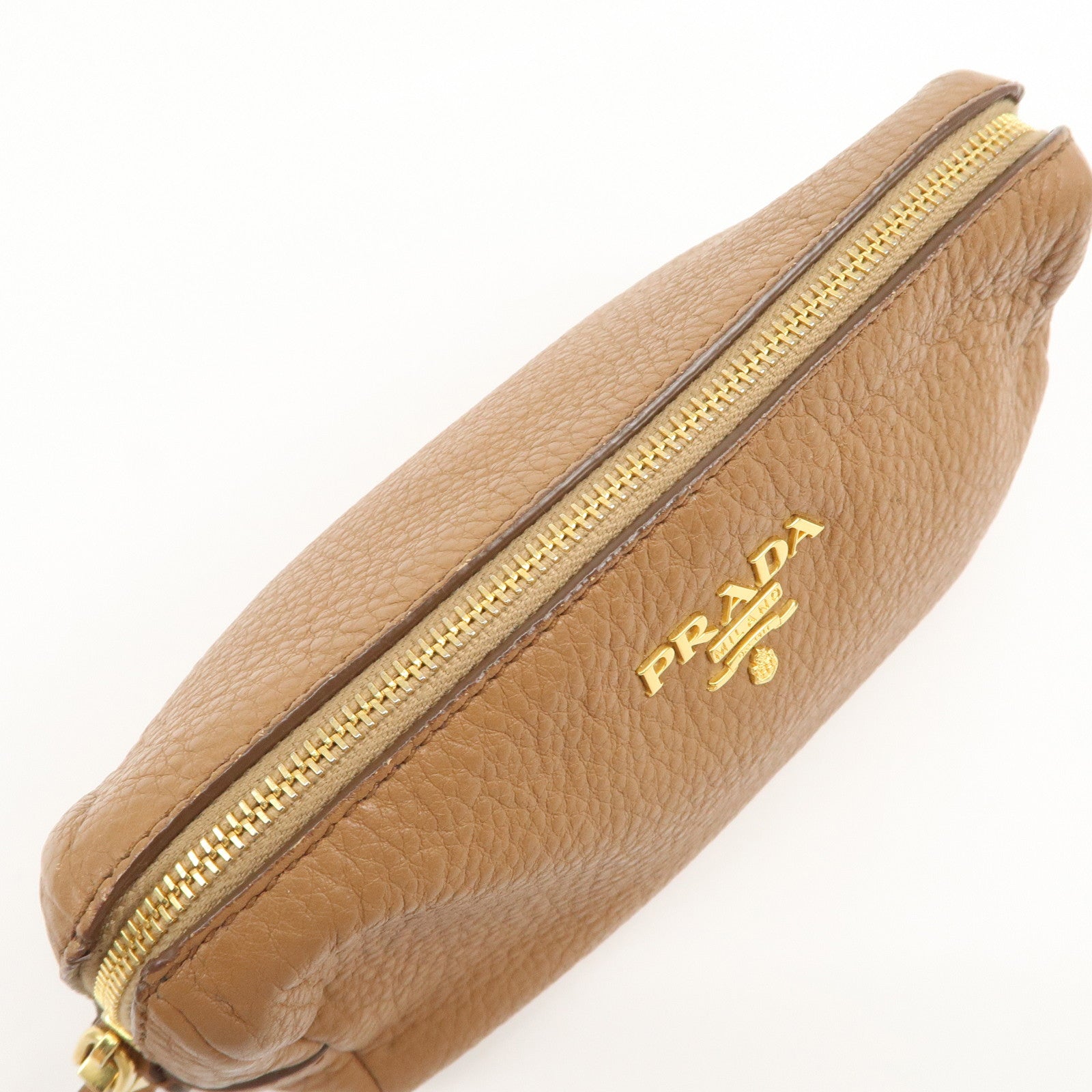 PRADA Logo Leather Pouch Cosmetic Pouch Camel