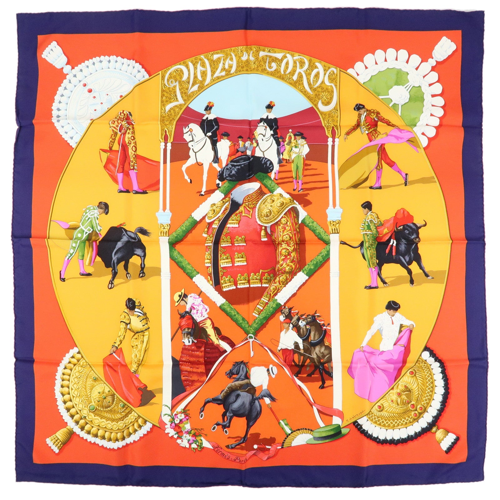 HERMES Carre 90 Silk 100% Scarf Plaza de Toros Bullring Red Navy