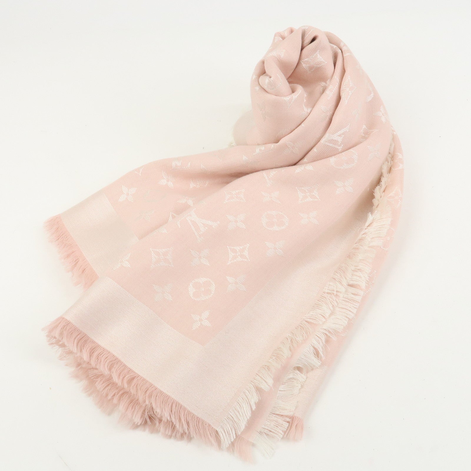 Louis Vuitton Monogram Silk Wook Shawl Scarf Rose Pink M72046