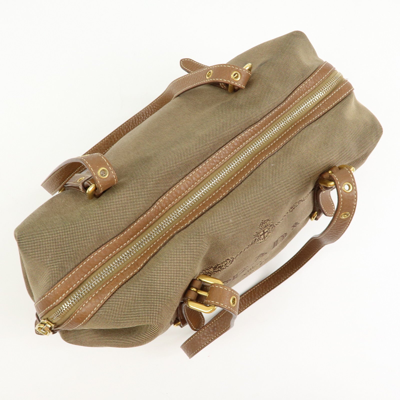 PRADA Logo Canvas Leather Boston Bag Hand Bag Beige Brown BL0600