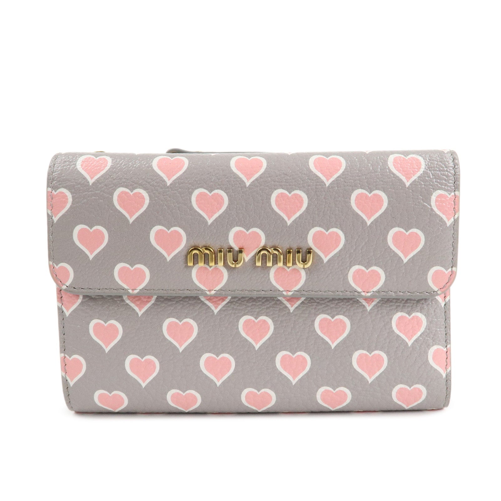 MIU MIU Leather Heart BI-fold Wallet Pink Gray Gold Hardware 5ML014 Used