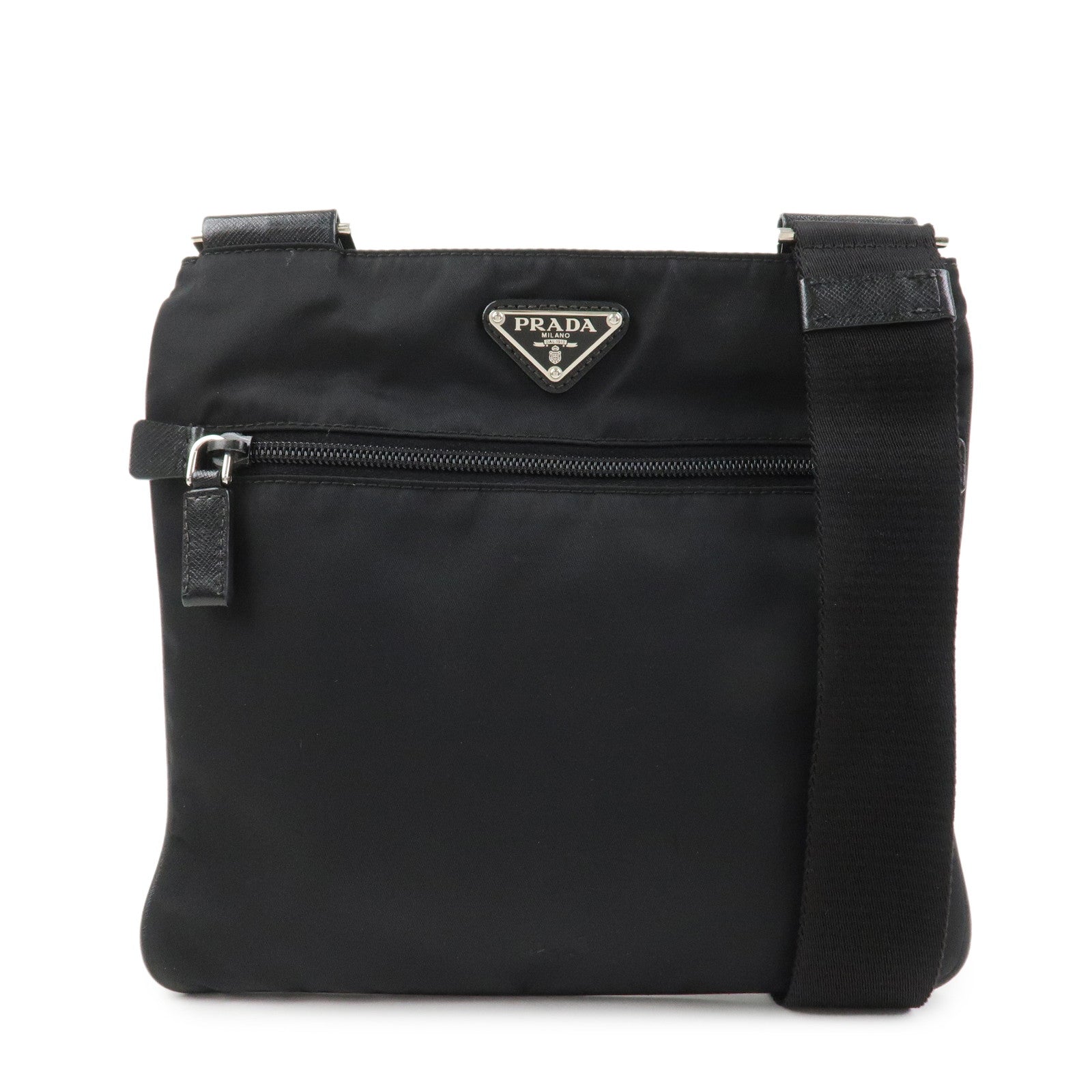 PRADA Triangle Logo Nylon Leather Shoulder Bag Black 1BH978