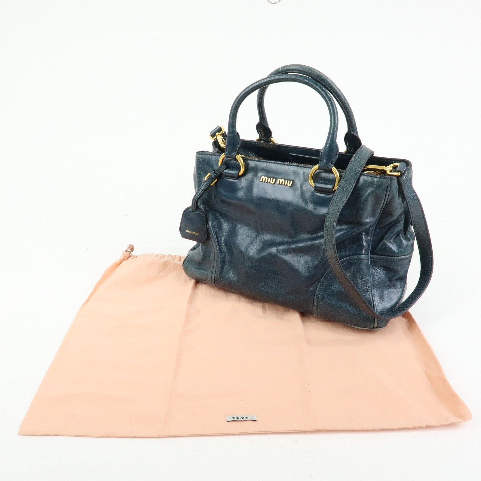 MIU MIU Logo Leather 2Way Bag Hand Bag Shoulder Bag Navy