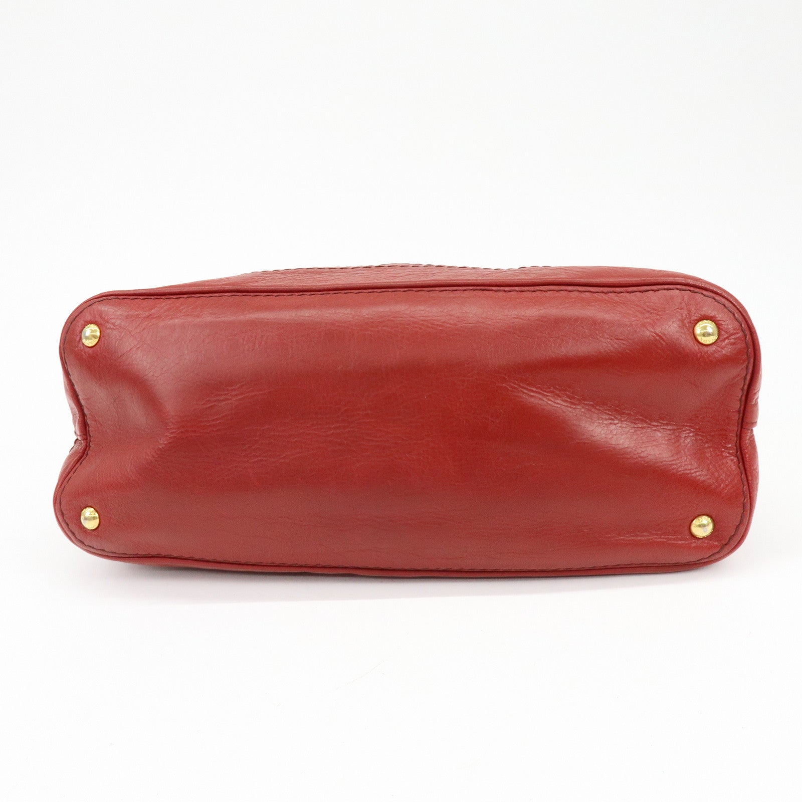 PRADA Cervo Shine Leather Bowler Bag 2Way Tote Bag Red BL0688