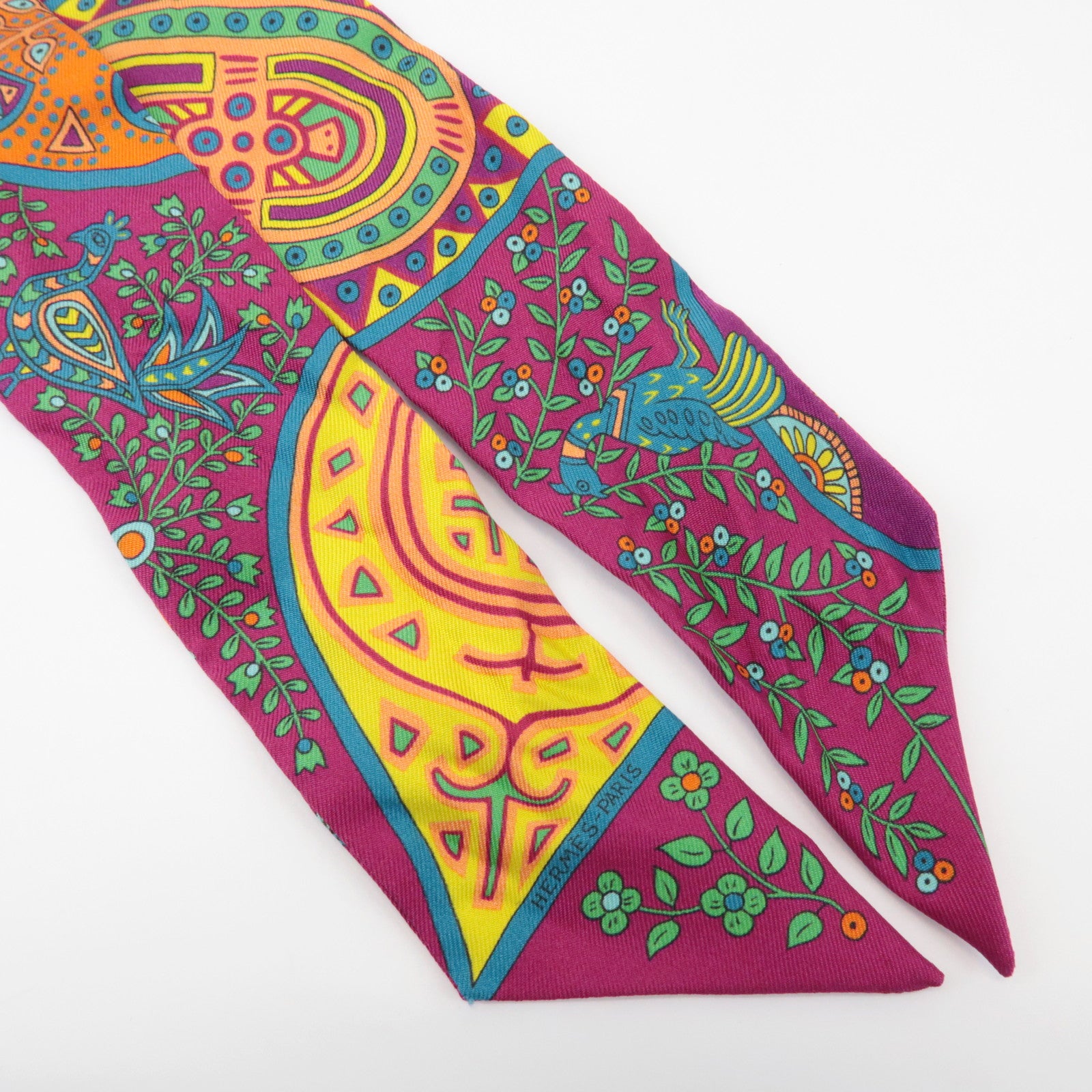 HERMES Twilly 100% Silk Scarf LARBRE DE VIE Flower Print Pink