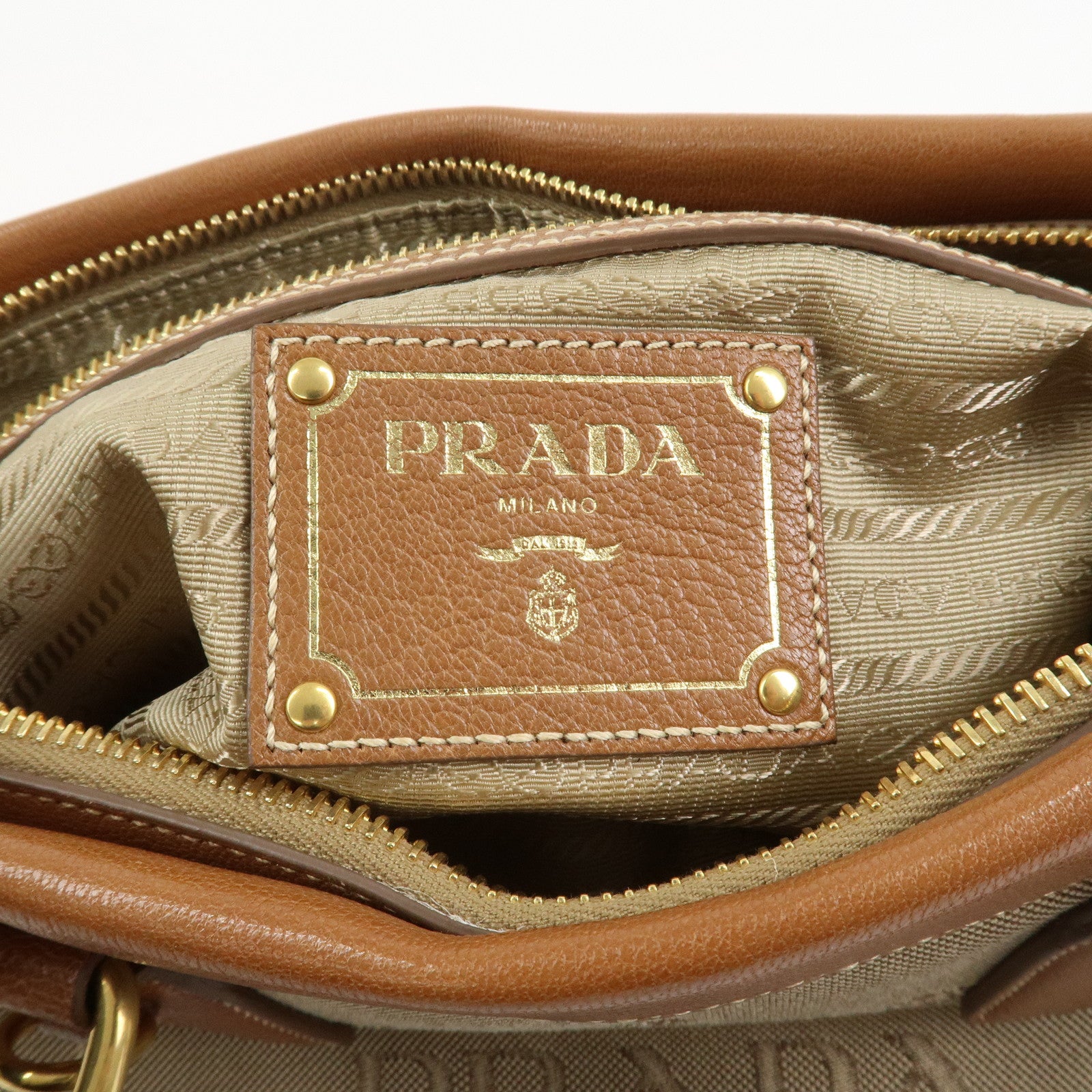 PRADA Logo Jacquard Leather 2Way Bag Hand Bag Brown BN1839