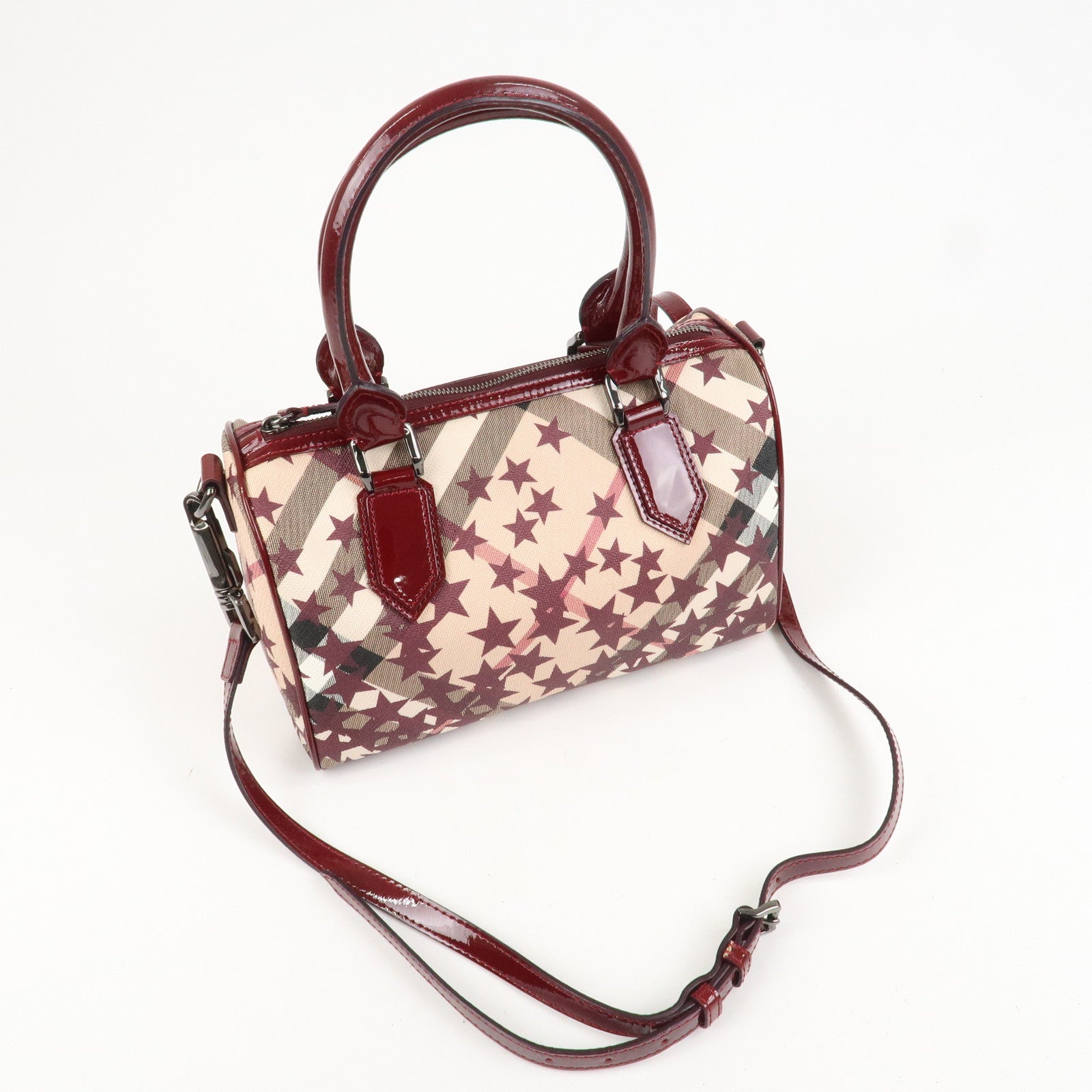 BURBERRY PVC Canvas Patent Leather Boston Bag Beige Bordeaux