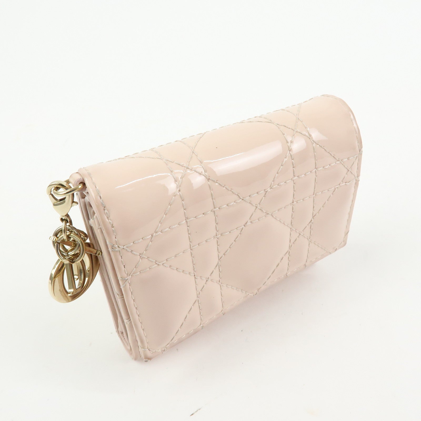 Christian Dior Lady Dior Cannage Patent Leather Lotus Wallet Pink