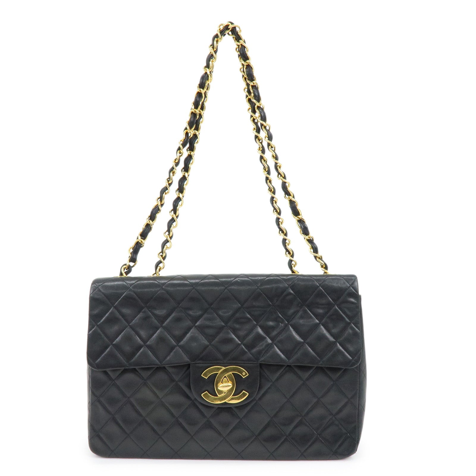 CHANEL Matelasse Lamb Skin Maxi 34 Single Flap Shoulder Bag Black