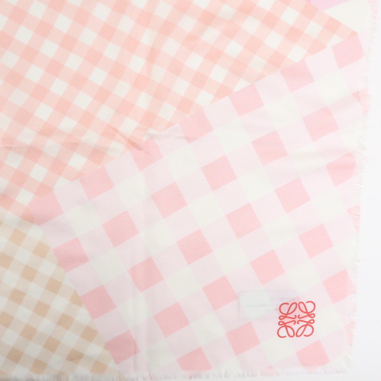 LOEWE Anagram Silk 100% Scarf Gingham Check Pink Beige